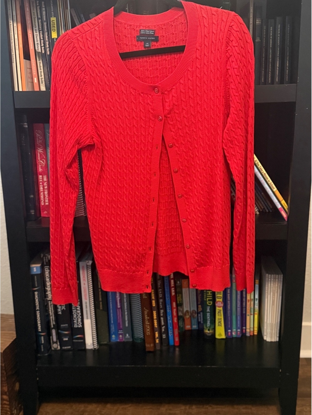 Tommy Hilfiger Women's Red Pima Cotton Cable Knit Cardigan, Size Large